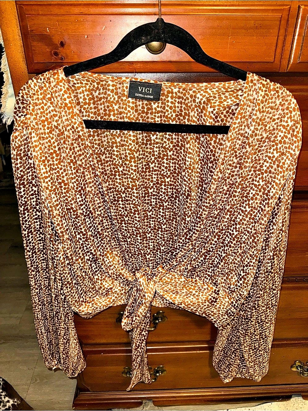 VICT Animal Print Tie-Front Blouse in Brown & White Size XL